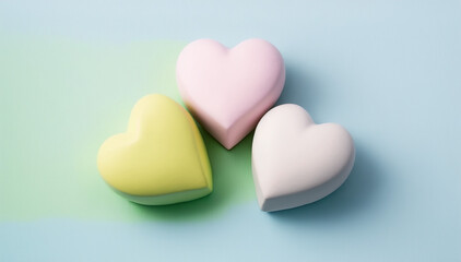 Multi-colored pastel hearts, 3d, gentle background, ai generated
