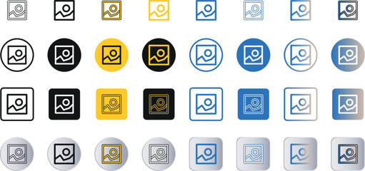 Image gallery icon set, image icon, picture symbol, photo signs, glyph, fill, lineal, square, circular, gradient style mobile and web app icon design. 