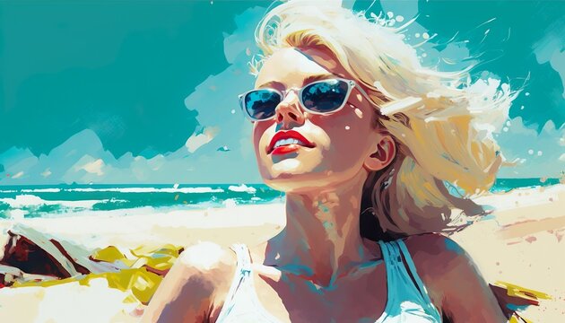 Blond woman sunglasses sitting beach ocean sea painting illustration background wallpaper created with generative AI technology