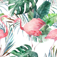 Tropical seamless pattern with flamingo and palm trees. Watercolor  print on white background. Summer hand drawn illustration