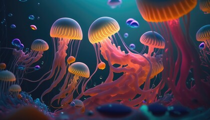 Fototapeta na wymiar A group of glowing colorful jellyfish floating in a dark blue ocean, close up. Ocean animals. 