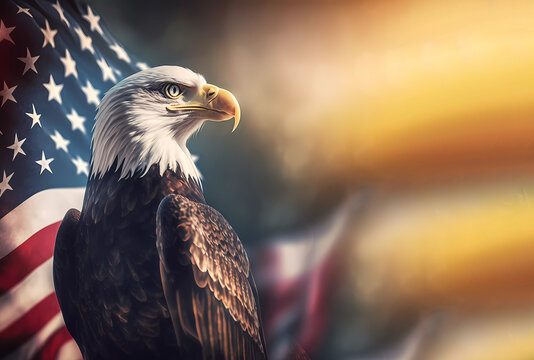 Eagle on the background of the American flag. USA Flag Day. Independence Day. Generated AI