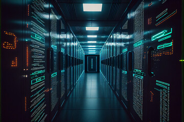 Navigating the Corridors of a Working Data Center Packed with Racks Ai Generated Art Work