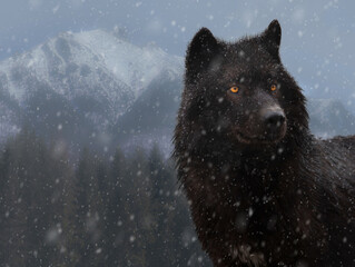  black canadian wolf in winter in heavy snowfall