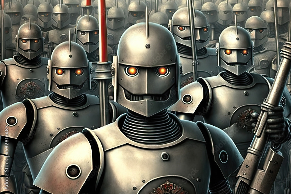 Poster robot crowd in rows. robot army. created with generative ai
