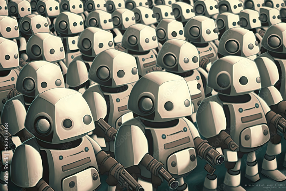 Poster robot crowd in rows. robot army. created with generative ai