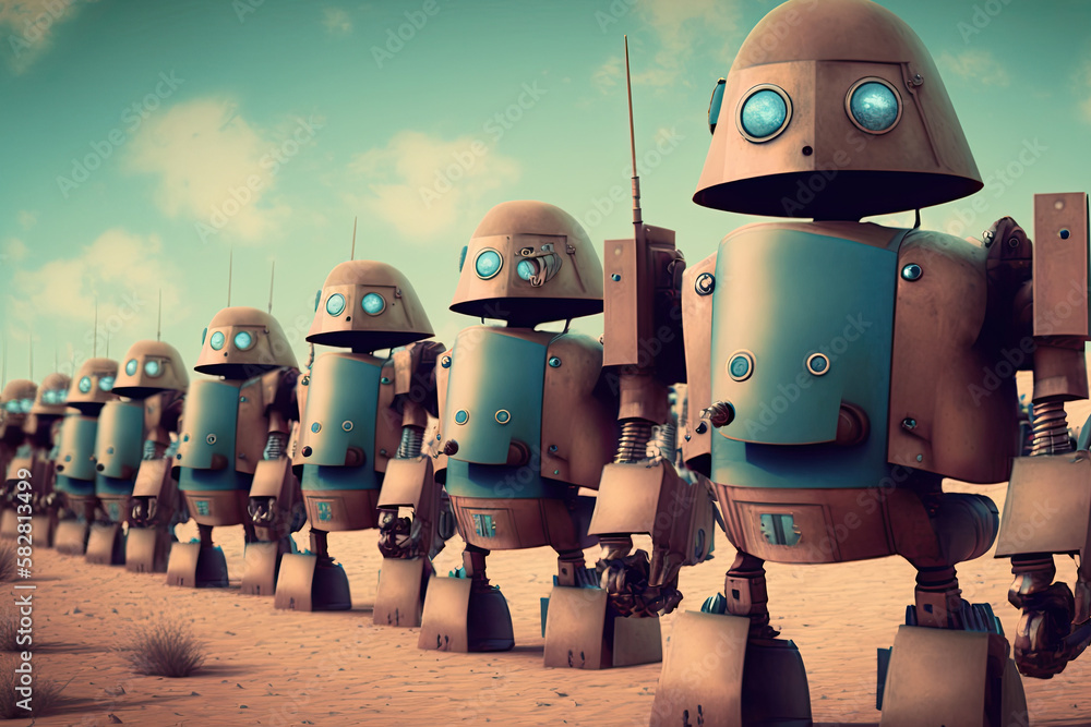 Poster robot crowd in rows. robot army. created with generative ai