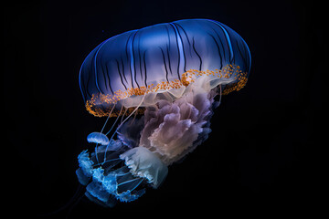 Jellyfish floating under water in the sea, close up. Wildlife in ocean. Created with Generative AI