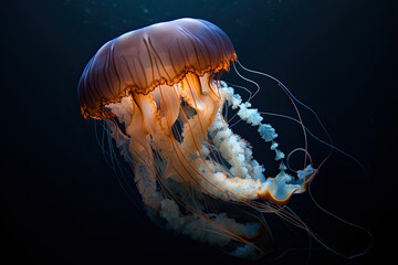 Jellyfish floating under water in the sea, close up. Wildlife in ocean. Created with Generative AI