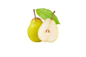 Naklejka na ściany i meble Pear Rocha whole and half cut fruits isolated transparent png. Yellow green spotted fruit with leaf and half cut with seeds.