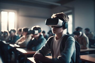 Many multicultural, multiracial schoolchildren using virtual reality headsets at the classroom