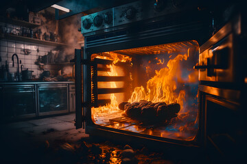 The oven caught fire in the kitchen during cooking, smoke and soot around, a fire in the house. Generative AI