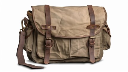 Naklejka premium Gray canvas messenger bag on white background. Generative AI