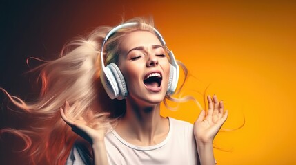 Fototapeta premium Young woman with headphones listening music and singing loud. Generative AI