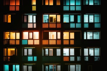 Into the Night: An Atmospheric Journey Through the Glowing Colored Windows of City Apartments, GENERATIVE AI