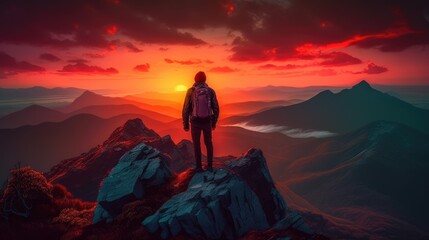 Fototapeta premium man standing on top of a mountain with a backpack on his back and a sunset in the background behind him, with a red sky and orange clouds and a red hued. Generative AI