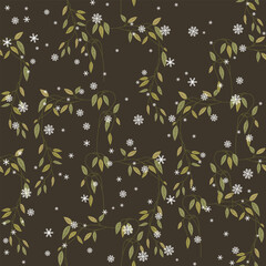 Seamless floral pattern with tree branches and snowflakes. Delicate vines with green leaves on dark brown background.
