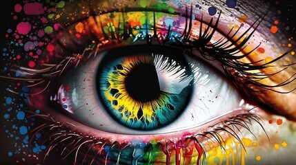 Human eye close up with colorful paint , ink splashes and drips, Generative AI,