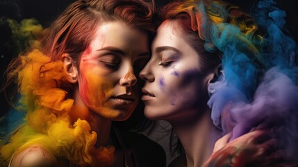attractive young lesbians embracing amidst colorful smoke. Generative AI	