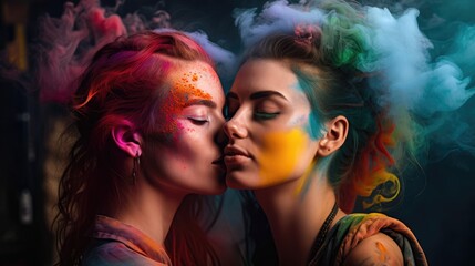attractive young lesbians embracing amidst colorful smoke. Generative AI	