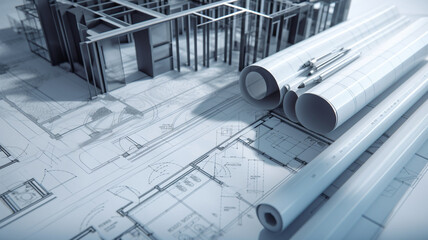 blueprint designs and a home model for a construction project Generative AI