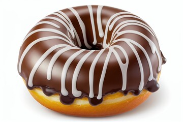 A chocolate donut with white stripes and chocolate icing.