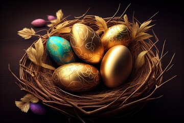 Golden easter eggs in a nest. Generative AI
