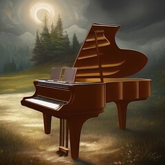 Grand piano outside under the moons light and music, graphic Illustration, ai generated and digitally redesigned and digitally hand painted with textures. 