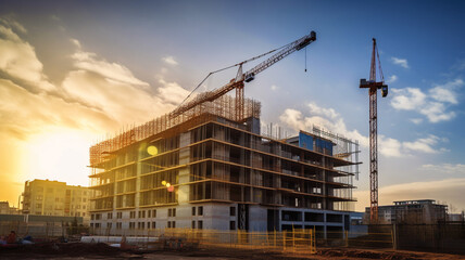 construction site and sunset , structural steel beam build large residential buildings - obrazy, fototapety, plakaty