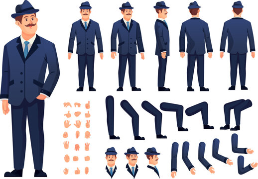 Buisnessman constructor. Cartoon man in suit character generator, elegant gentleman or detective in hat animation creator office characters kit male avatar face vector illustration