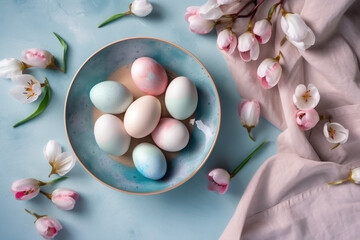 Painted blue and pink Easter eggs on a porcelain dish, linen towel and pink tulips. Exquisite Easter decor. Photorealistic illustration generated by AI.