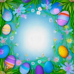 Easter with blue spring background with eggs and flowers, ai generated, digitally redesigned and hand painted with textures