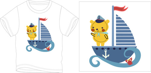 CAPTAIN BEAR ON THE SHIP t-shirt graphic design vector illustration
