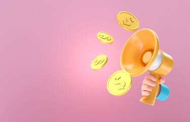 Megaphone with Coin. 3D Illustration