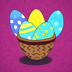 Easter basket with colorful eggs, purple background, graphic Illustration, ai generated and digitally redesigned and digitally hand painted with textures. 