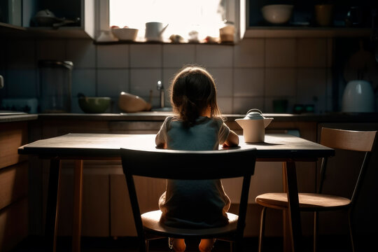 Children are affected by social problems. A child sitting alone at an empty dining table in the kitchen. Back view. Generative AI