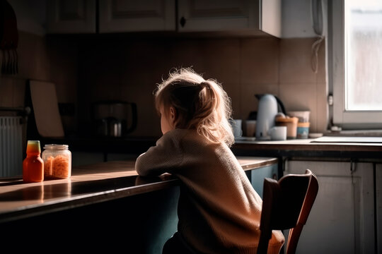 Children are affected by social problems. A child sitting alone at an empty dining table in the kitchen. Back view. Generative AI