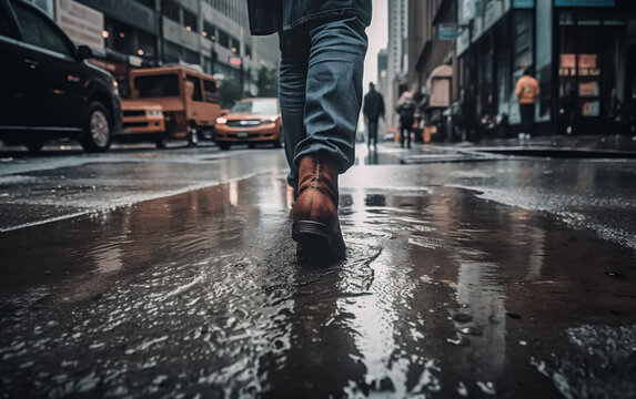 Person Wearing Jeans And Leather Boots Walking On The Pavement Of A Big City During The Rain, Moving Water In A Puddle. Shallow Field Of View. Illustrative Generative AI.