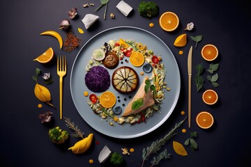 Overhead view of finished meal with its various components and garnishes arranged on plate, concept of Plating and Colorful, created with Generative AI technology