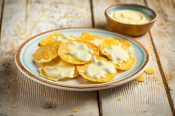 illustration, baked potato chips with cheese sauce on white, ai generative