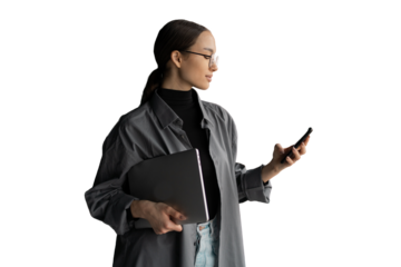 Female lawyer office person using a phone, transparent background, isolated person.