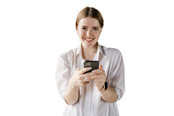 Fototapeta premium A woman using a phone, transparent background, isolated person.