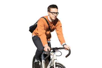 Male cyclist going to work freelancer, transparent background, isolated person.