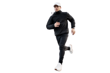 A man runs around in full-length clothes, transparent background, isolated person.