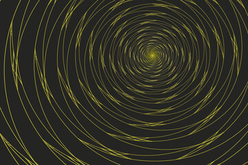 Yellow swirling pattern of curved lines on a black background. Abstract fractal 3D rendering