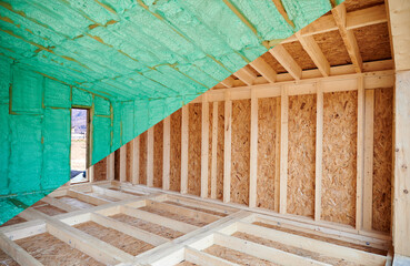 Photo collage before and after thermal insulation room in wooden frame house in Scandinavian style...