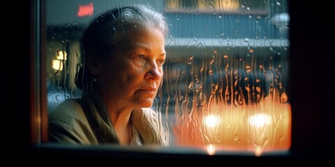 AI Intimate Portrait of a Worried Woman Peering Through a Bar Window on a Rainy Day