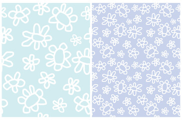 Abstract Hand Drawn Floral Seamless Vector Pattern. Infantile Style White Flowers on a Pastel Blue Background. Modern Abstract Garden Design. Floral Repeatable Print ideal for Fabric, Wrapping Paper. 