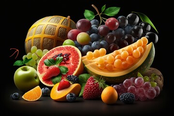 illustration, variety of fresh fruits and berries on a dark background, ai generative