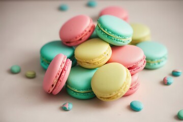 Fototapeta premium Colourful french macaroons or macaron on white background, generative AI.